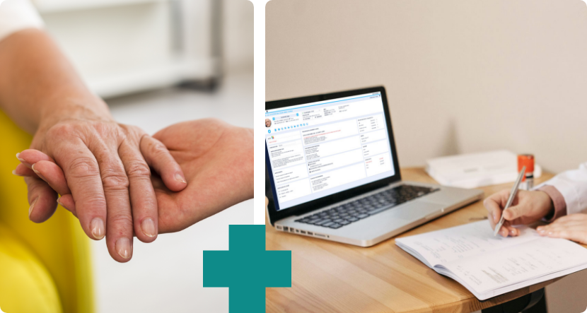 Composition de deux images, la première représentant deux mains qui se soutiennent et la deuxième mettant en avant un ordinateur et une main de médecin.